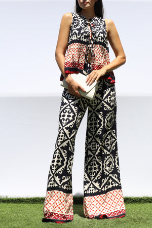 DD8396, PRINTED RIBBON TIE TOP AND PANTS SET