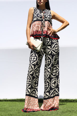 DD8396, PRINTED RIBBON TIE TOP AND PANTS SET