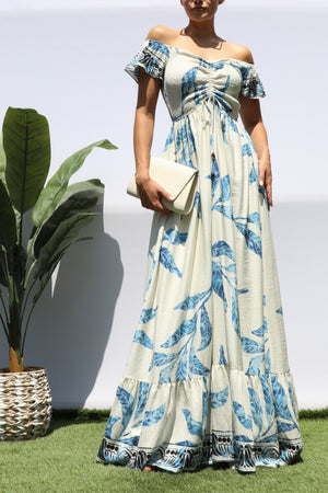 DD8347, PRINTED SMOCKED MAXI DRESS
