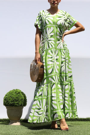 DD8451, PRINTED LOOSE FIT TIERED MAXI DRESS