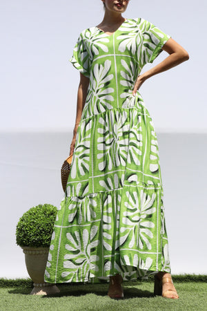 DD8451, PRINTED LOOSE FIT TIERED MAXI DRESS