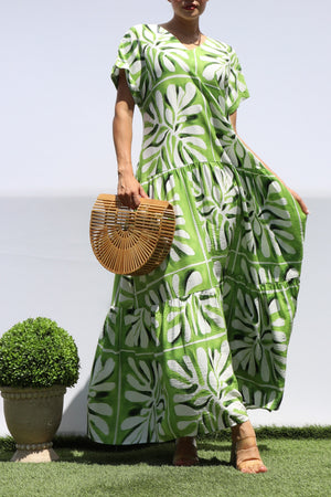 DD8451, PRINTED LOOSE FIT TIERED MAXI DRESS