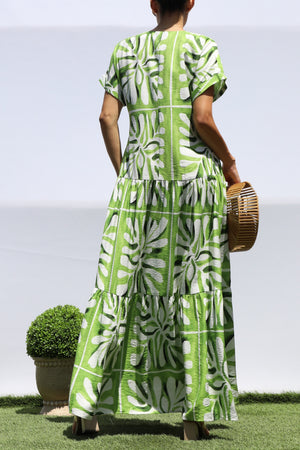 DD8451, PRINTED LOOSE FIT TIERED MAXI DRESS
