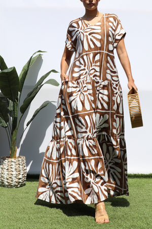 DD8451, PRINTED LOOSE FIT TIERED MAXI DRESS