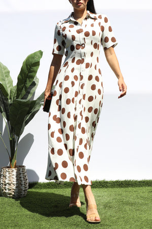 DD8419, POLKA DOT BUTTON DOWN SHIRT MIDI DRESS