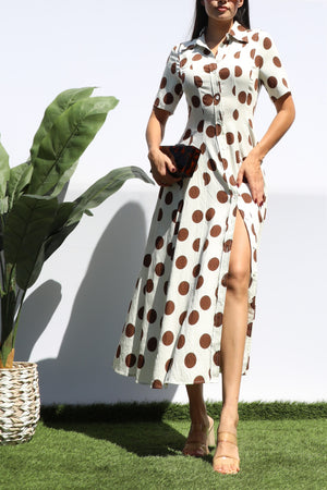DD8419, POLKA DOT BUTTON DOWN SHIRT MIDI DRESS