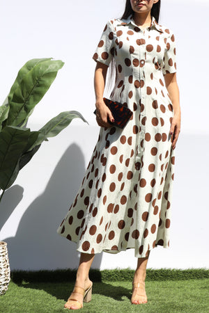DD8419, POLKA DOT BUTTON DOWN SHIRT MIDI DRESS
