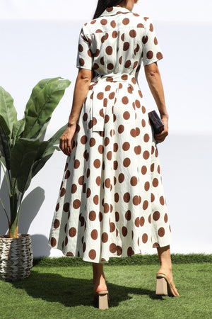 DD8419, POLKA DOT BUTTON DOWN SHIRT MIDI DRESS