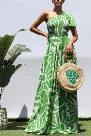 DD8421, SMOCKED TOP ONE SHOULDER MAXI DRESS