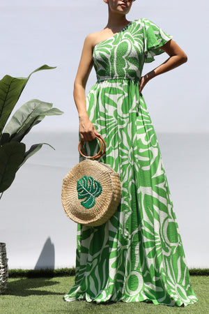 DD8421, SMOCKED TOP ONE SHOULDER MAXI DRESS