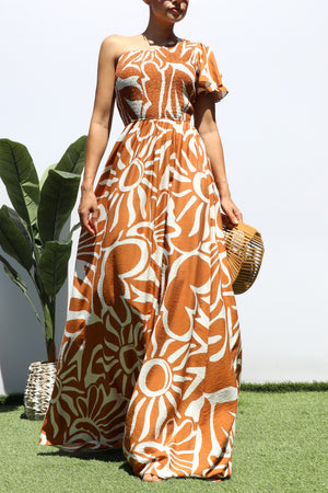 DD8421, SMOCKED TOP ONE SHOULDER MAXI DRESS
