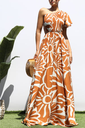 DD8421, SMOCKED TOP ONE SHOULDER MAXI DRESS
