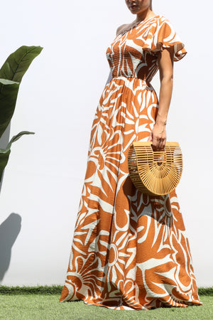 DD8421, SMOCKED TOP ONE SHOULDER MAXI DRESS