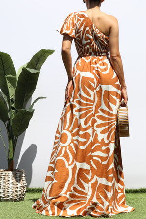 DD8421, SMOCKED TOP ONE SHOULDER MAXI DRESS