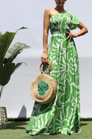 DD8421, SMOCKED TOP ONE SHOULDER MAXI DRESS