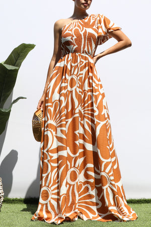 DD8421, SMOCKED TOP ONE SHOULDER MAXI DRESS
