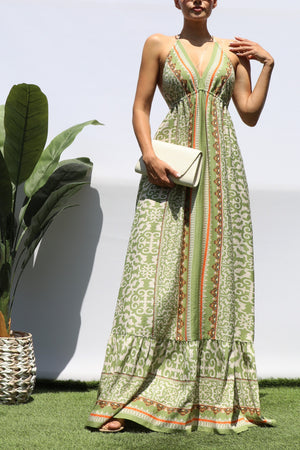 DD8427, PRINTED V NECK MAXI DRESS