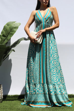 DD8427, PRINTED V NECK MAXI DRESS
