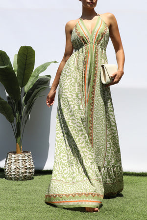 DD8427, PRINTED V NECK MAXI DRESS