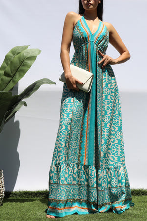 DD8427, PRINTED V NECK MAXI DRESS