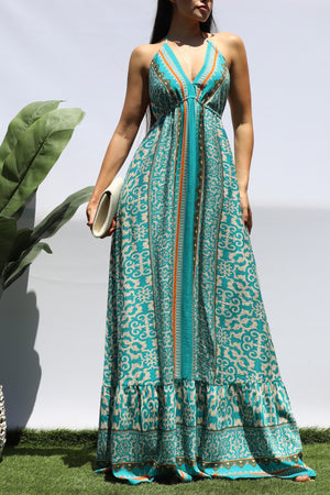 DD8427, PRINTED V NECK MAXI DRESS