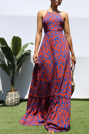 DD8445, PRINTED BK TIE MAXI DRESS