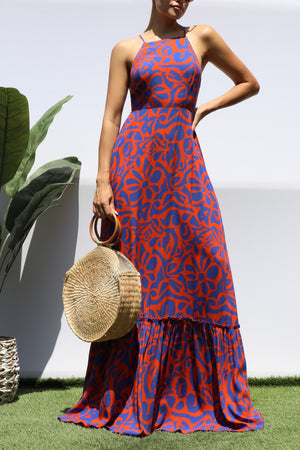 DD8445, PRINTED BK TIE MAXI DRESS