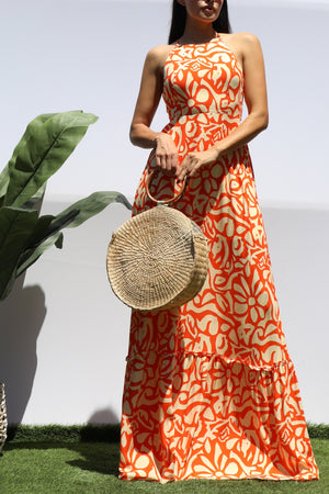 DD8445, PRINTED BK TIE MAXI DRESS
