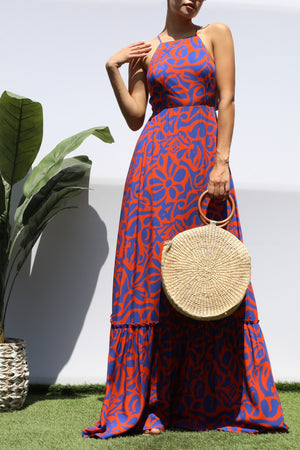 DD8445, PRINTED BK TIE MAXI DRESS