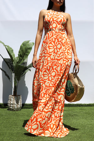 DD8445, PRINTED BK TIE MAXI DRESS