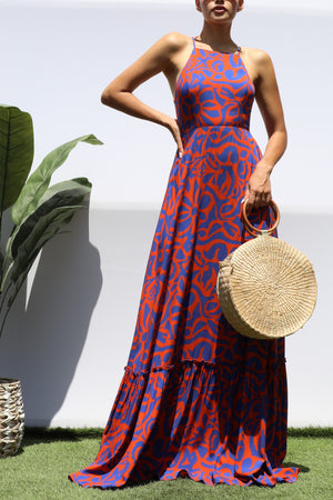 DD8445, PRINTED BK TIE MAXI DRESS