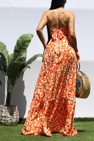 DD8445, PRINTED BK TIE MAXI DRESS