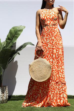 DD8445, PRINTED BK TIE MAXI DRESS