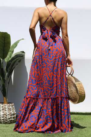 DD8445, PRINTED BK TIE MAXI DRESS