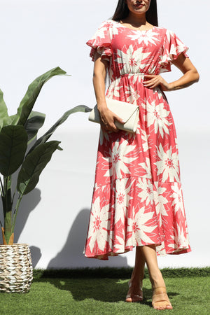 DD8280, PRINTED RUFFLE HEM MIDI DRESS