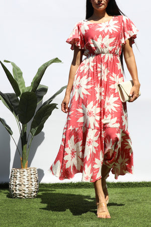 DD8280, PRINTED RUFFLE HEM MIDI DRESS