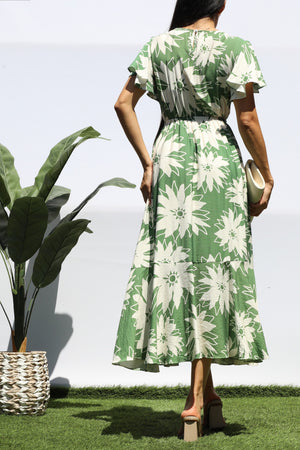 DD8280, PRINTED RUFFLE HEM MIDI DRESS