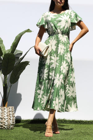DD8280, PRINTED RUFFLE HEM MIDI DRESS