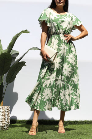 DD8280, PRINTED RUFFLE HEM MIDI DRESS