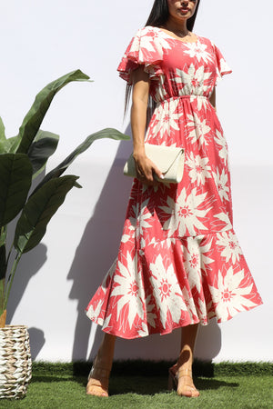 DD8280, PRINTED RUFFLE HEM MIDI DRESS