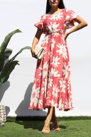 DD8280, PRINTED RUFFLE HEM MIDI DRESS