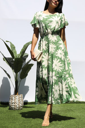 DD8280, PRINTED RUFFLE HEM MIDI DRESS