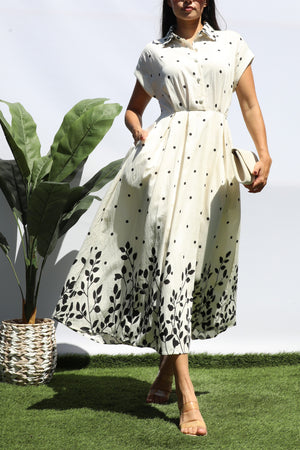 DD8401, POLKA DOT BUTTON DOWN MIDI DRESS
