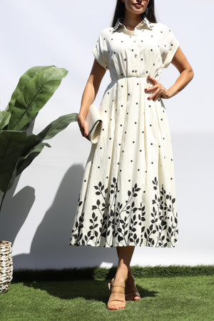 DD8401, POLKA DOT BUTTON DOWN MIDI DRESS