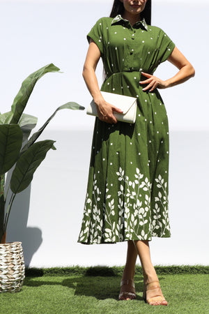 DD8401, POLKA DOT BUTTON DOWN MIDI DRESS