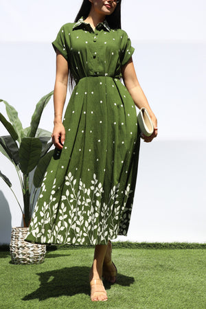 DD8401, POLKA DOT BUTTON DOWN MIDI DRESS