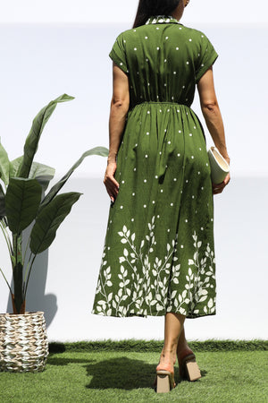DD8401, POLKA DOT BUTTON DOWN MIDI DRESS