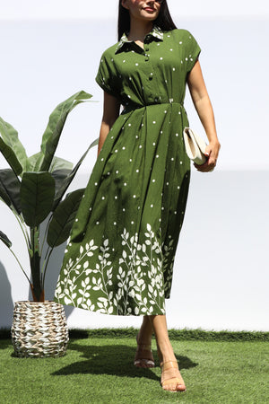 DD8401, POLKA DOT BUTTON DOWN MIDI DRESS