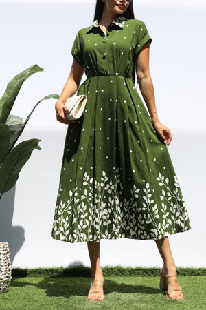 DD8401, POLKA DOT BUTTON DOWN MIDI DRESS