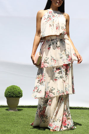 DD8457, FLORAL TOP AND TIERED SKIRT SET